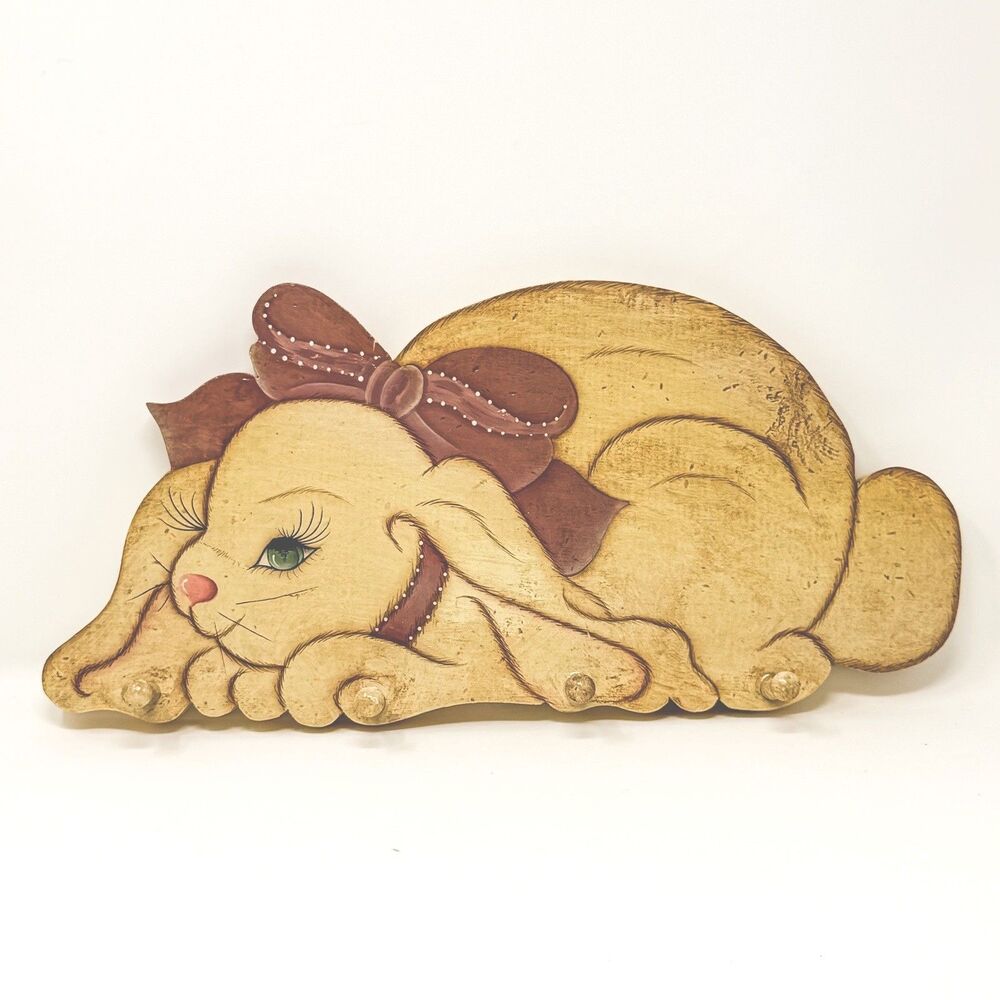 Vintage Hand Painted Bunny Rabbit Wood Peg Rack Wall Hook Cottagecore 4 Peg 18”